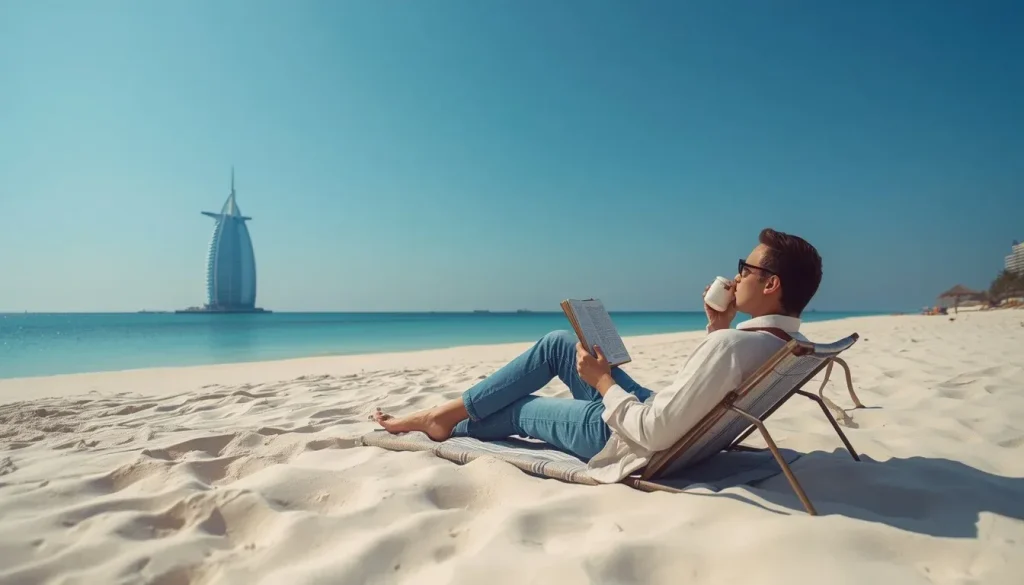 A relaxed expat enjoying coffee near the beach in Dubai, symbolizing financial freedom.