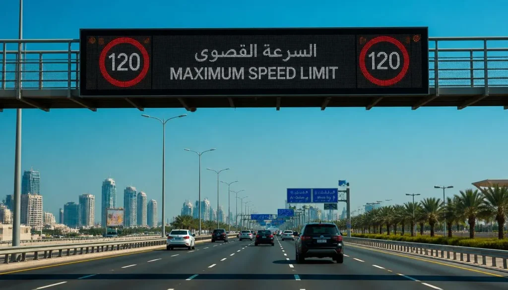 Digital electronic speed limit sign on a modern multi-lane highway in Qatar.