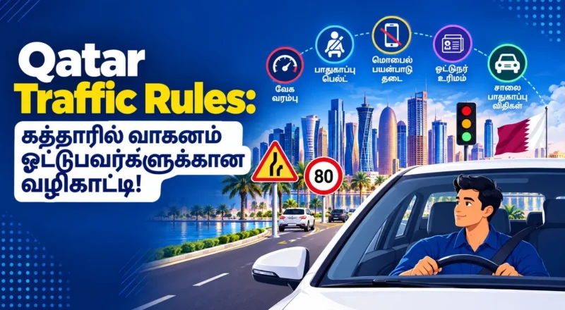கத்தாரில் வாகனம் ஓட்டுபவர்களுக்கான Qatar Traffic Rules, வேக வரம்புகள், சீட் பெல்ட் விதிகள், பார்க்கிங் & Metrash2 அபராத விவரங்களை முழுமையாக அறிந்துகொள்ளுங்கள்.