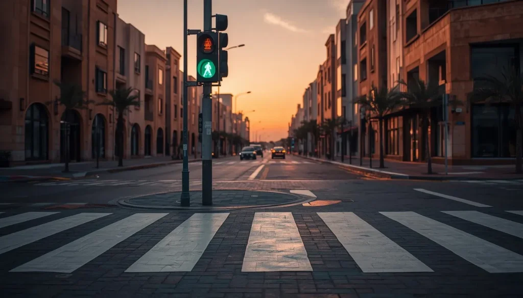Traffic light glowing green at a modern pedestrian crossing in Qatar.