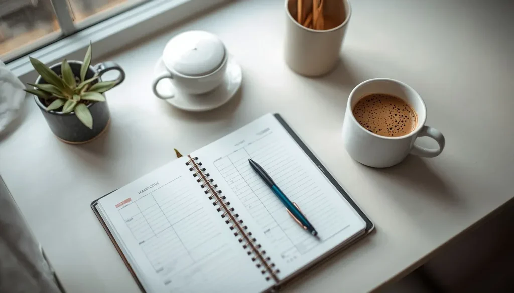 A person reviewing a daily planner and drinking coffee during a calm morning routine.