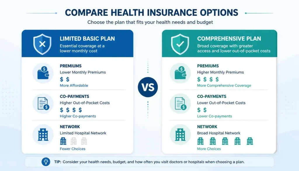 Best Health Insurance in UAE for Families, Expats & Visitors 3 Visual comparison diagram showing health insurance hospital networks, co-payments, and coverage limits in the UAE.