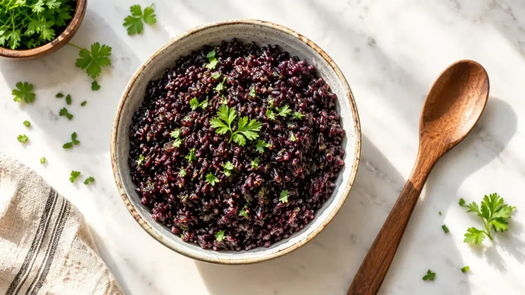 Bowl of cooked antioxidant-rich dark purple Karuppu Kavuni rice served on a marble surface.