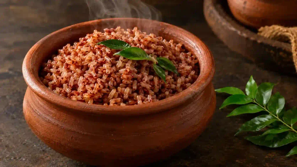 Mappillai Samba Rice Price in UAE: 1kg & 5kg எதை வாங்குவது சிறந்தது? 4 Steaming hot cooked Mappillai Samba red rice served in a South Indian clay bowl