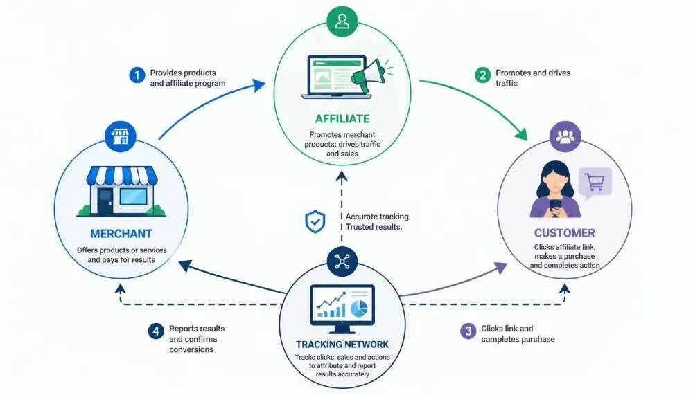 What Is Affiliate Marketing? How to Build an Online Income in the UAE 3 Diagram illustrating the four participants in the affiliate marketing process