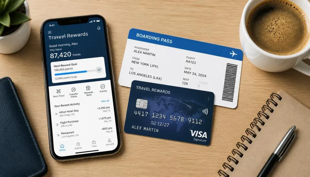 How Air Miles Card works guide showing a credit card, passport, and airplane ticket