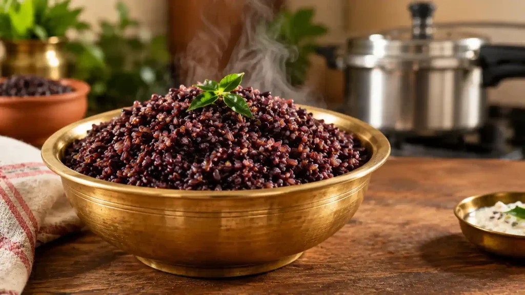 Steaming soft-cooked Karuppu Kavuni black rice served in a traditional dish.