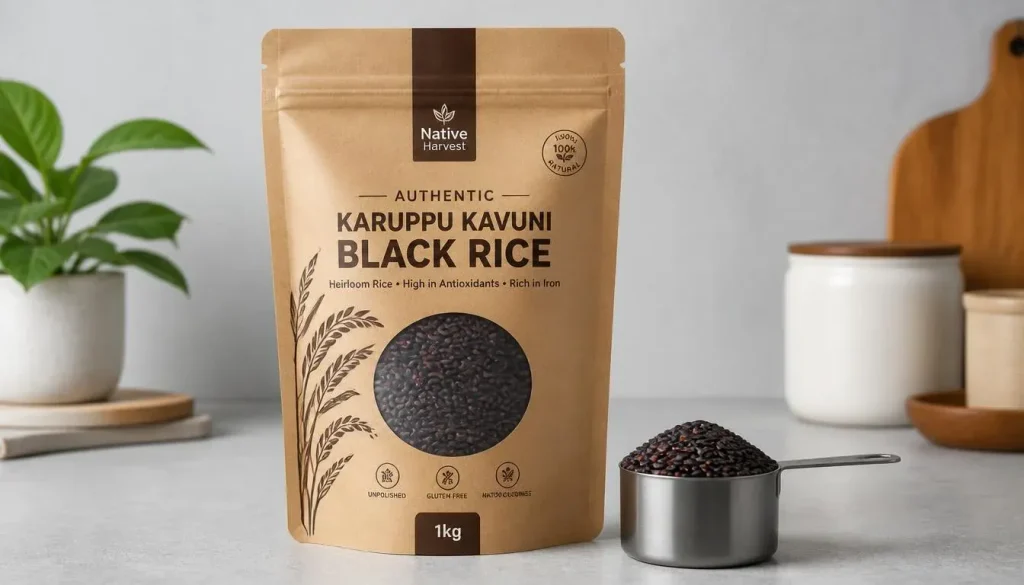 1kg craft paper pouch packaging of Karuppu Kavuni black rice with price details in UAE.