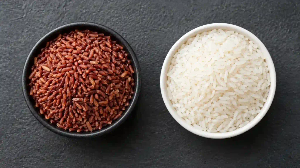 Mappillai Samba Rice Price in UAE: 1kg & 5kg எதை வாங்குவது சிறந்தது? 5 Side by side comparison of raw Mappillai Samba red rice grains and white polished rice