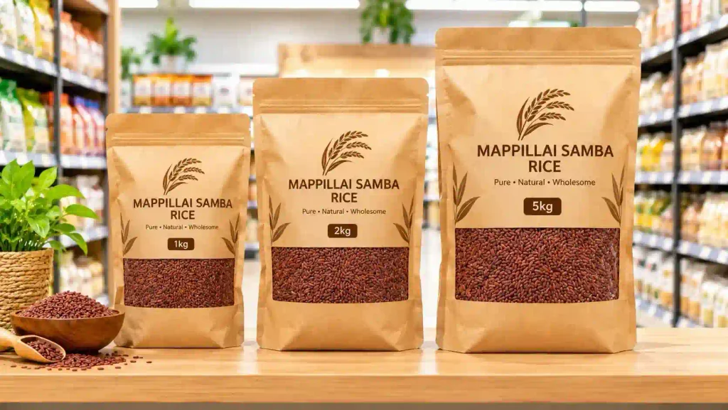 Mappillai Samba Rice Price in UAE: 1kg & 5kg எதை வாங்குவது சிறந்தது? 3 Comparison of 1kg, 2kg, and 5kg Mappillai Samba red rice packaging bags