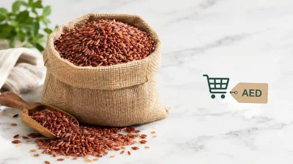 Mappillai Samba Rice Price in UAE: 1kg & 5kg எதை வாங்குவது சிறந்தது? 2 Raw Mappillai Samba red rice bag with price tag in UAE dirhams