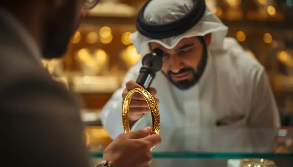 Qatar Gold Price Updates: 24K, 22K, 21K, 18K கத்தார் தங்கம் விலை 4 Customer checking gold purity and hallmarking at a jewelry store in Qatar